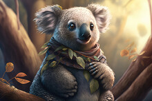 Sweet Koala Wearing A Bandana Around Its Neck, Sitting On A Eucalyptus Tree Branch With Blue Sky In The Background, Generative Ai