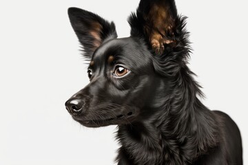 Poster - Isolated against a white background, a little black dog is looking sideways. Generative AI