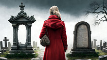 A Woman In A Red Coat Stands Backwards; A Woman Is Standing In A Cemetery, Among The Graves. Ai Llustration, Fantasy Digital, Artificial Intelligence Artwork
