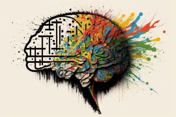 Poster - mathematical calculations and splattered paint combine creatively in this brain drawing. synergy of 