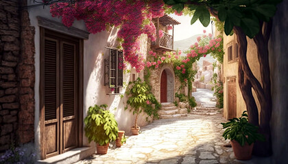  Lovely greek village. ai llustration, fantasy digital painting, artificial intelligence artwork