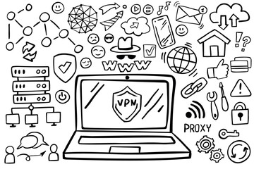 set of proxy server doodle on white background. web doodle, vpn server design elements. internet doo