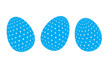 Huevo de pascua en azul vibrante en tres posiciones diferentes, con diseño de puntos pequeños en blanco, sin fondo.