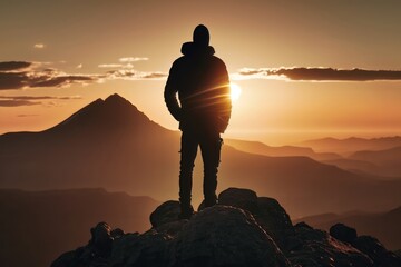 Wall Mural - A man standing on top of a mountain as the sun sets. Goals and achievements concept. AI Generation