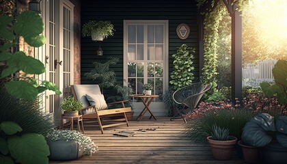 Wall Mural - An outdoor patio with a deck, a cozy seating area, and a lush garden. The atmosphere is peaceful and serene generative ai