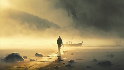 Wall Mural - dusty endless radioactive glacial sea, fisherman dancing, loneliness in teh mornig light, misty generative ai