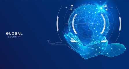 Fototapete - Abstract global network connection with low poly hand turn the palm up protection vector. Hud UI screen security system technology illustration.