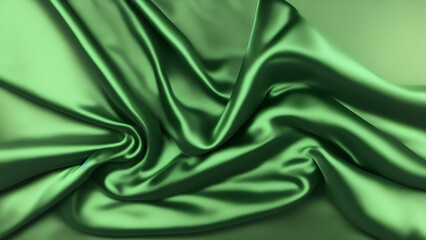 Green silk satin. Folds on shiny fabric surface. Beautiful background with space for design. IA