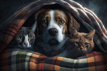 Canvas Print - Animals of the feline and canine persuasion hiding out in a plaid. In the chilly fall air, the pet snuggles up under a blanket. Generative AI