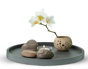 floral home decor with white orchid, candle and stones on ceramic plate isolated on transparent back