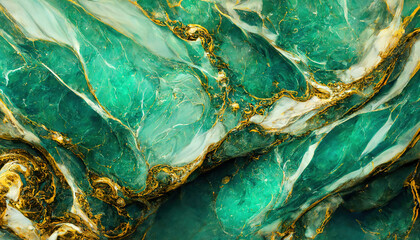 Green and gold marble background. Fluid art modern wallpaper. AI