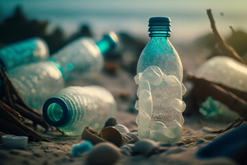 Wall Mural - plastic bottles and waste washed up on a beach. Micro plastic sea pollution. Generative ai