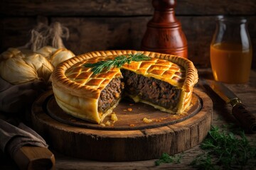 Sticker - Succulent meat pie, baked in the traditional Russian style, rests on a wooden table. Generative AI