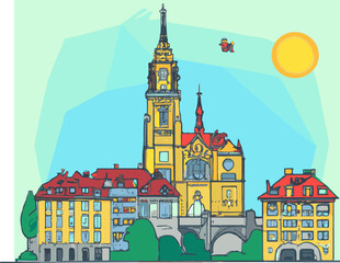 Wall Mural - Bern, Switzerland Art Skyline Illustration