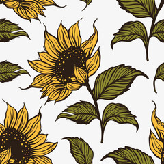 Wall Mural - sunflower doodle seamless vector pattern. nature drawing flower plant summer background.