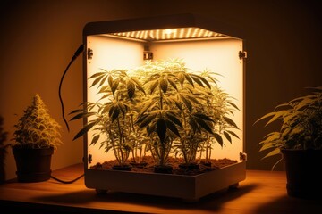 Canvas Print - Indoor cannabis cultivation utilizes specialized methods of growing plants using artificial lighting. Light emitting diodes. Generative AI