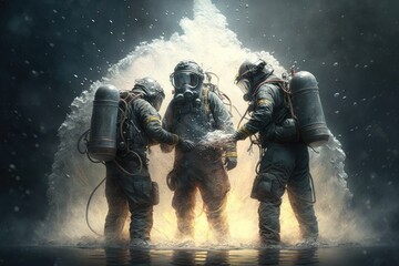 Poster - The firefighters splash water during the isolated. Generative AI