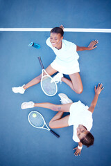 Poster - Top view, tennis and women relax, motivation and training for competition, workout and wellness. Female players, athletes and friends with inspiration, resting and healthy lifestyle with happiness