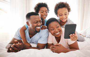 Wall Mural - Happy, selfie and relax with black family in bedroom for bonding, social media and connection. Wake up, morning and affectionate with parents and children at home for weekend, picture and happiness