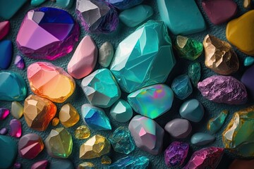 Wall Mural - Mineral rocks provide a rainbow of colors for the background. Chakra healing, crystal reiki, and lithotherapy are all examples of this. The flat lay method. Abstract rainbow pattern. Close up