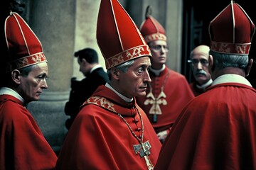 gathered cardinals and bishops discuss the election of a new pope. ai generated.