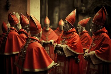 gathered cardinals and bishops discuss the election of a new pope. ai generated.