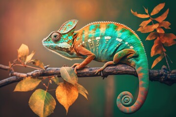 Wall Mural - Amazing chameleon, able to change colors to suit its surroundings. vivid chameleon sitting on a branch and observing. There are Chamaleo calyptratus around. patient hunter. Generative AI