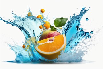 Wall Mural - fruity freshness gushing into azure Isolated against a white background, a clear water splash represents a healthy diet. Generative AI