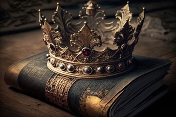 subtle depiction of a crown fitting for a queen or king resting atop an old book and a wooden table. aged filtering. Medieval Era Fantasy. Generative AI