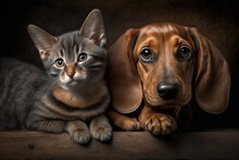 A Tabby Kitty And A Dachshund Puppy, Banner, Cat And Dog. Generative AI