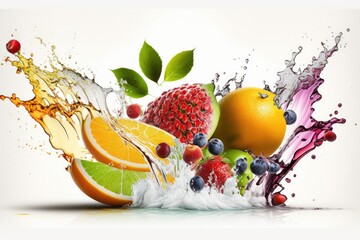 Sticker - Splash of water and fresh fruit, on a white background [highest quality for web use]. Generative AI