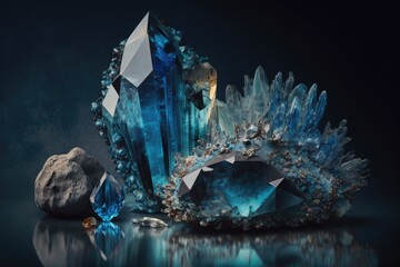 Poster - fragile blue crystal stone made entirely of minerals. gems. crystals of minerals found in their nati