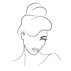 Wall Mural - Beautiful woman line art vector illustration. Messy hair bun. Princess. Black and white. White background. Line drawing. 