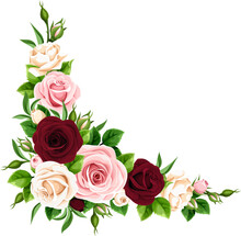 Corner Border With Pink, Burgundy, And White Rose Flowers On A White Background