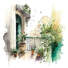 Houseplants On The Balcony. Room Full Of Plants, View Through The Window. Urban Jungle Concept Watercolor