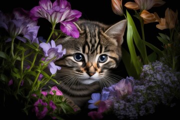 Poster - a lovely kitty posing with summer flowers. cat of bengal bloodline with a petunia. the 7 week old ki