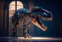 T-Rex Dinosaur Skeleton Displayed At A Nighttime Paleontology Museum With Volumetric Lights, Generative AI