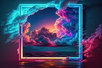 Wall Mural - Abstract neon sky with clouds, a luminous square border, and a body of water. Amazing scenery at sea. Generative AI
