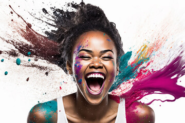 Wall Mural - Close-up of black woman laughs with multicolored holi festive powder on white. Generative AI.