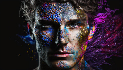 Close-up of man's face with multicolored holi festive powder on black. Generative AI.