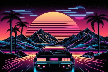 Wall Mural - Neon 80s landscape with synthwave and retrowave flyers as a backdrop, with wave music and futuristic design. Generative AI