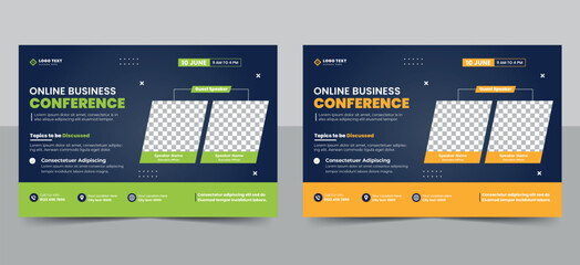 Wall Mural - Online business conference event flyer or live webinar horizontal invitation banner template