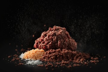 Sticker - Crude Meat Savory pepper seasoned ground beef. All black backdrop. First rate perspective. To make room for a copy. Generative AI