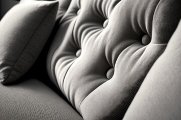 Wall Mural - An up close look at the front of a contemporary grey sofa in fabric, shot against a pure white background. Generative AI