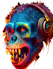 Colorful Angry Ape With Headphone In Fire For T-shirt Design, Cute Animal, Print, Transparent Png Background, Generative Ai