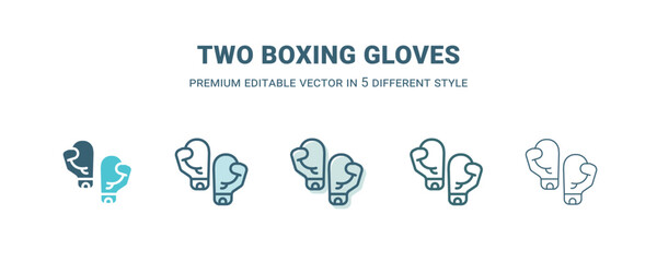 two boxing gloves icon in 5 different style. outline, filled, two color, thin two boxing gloves icon