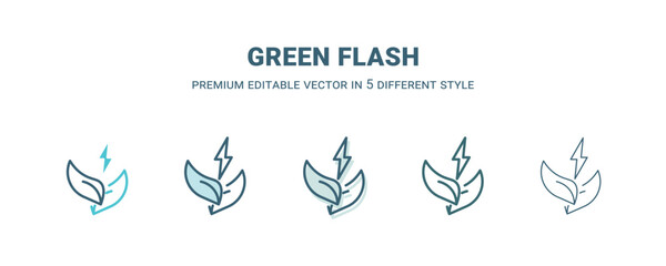 green flash icon in 5 different style. Outline, filled, two color, thin green flash icon isolated on white background. Editable vector can be used web and mobile