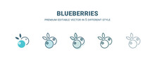 Blueberries Icon In 5 Different Style. Outline, Filled, Two Color, Thin Blueberries Icon Isolated On White Background. Editable Vector Can Be Used Web And Mobile