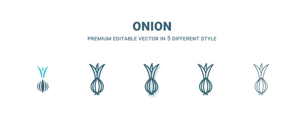 onion icon in 5 different style. Outline, filled, two color, thin onion icon isolated on white background. Editable vector can be used web and mobile