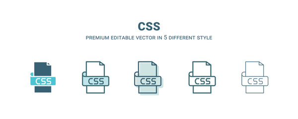 css icon in 5 different style. Outline, filled, two color, thin css icon isolated on white background. Editable vector can be used web and mobile